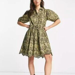 TOPSHOP green and black embroidered eyelet dress Sz 6 NWT 100% Cotton Boho